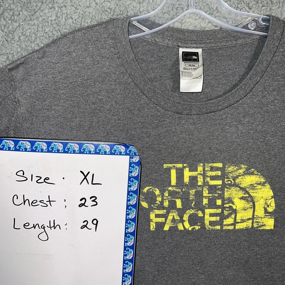 The North Face Men's Size XL Gray Short Sleeve Tee T-Shirt Yellow Faded‎ Logo